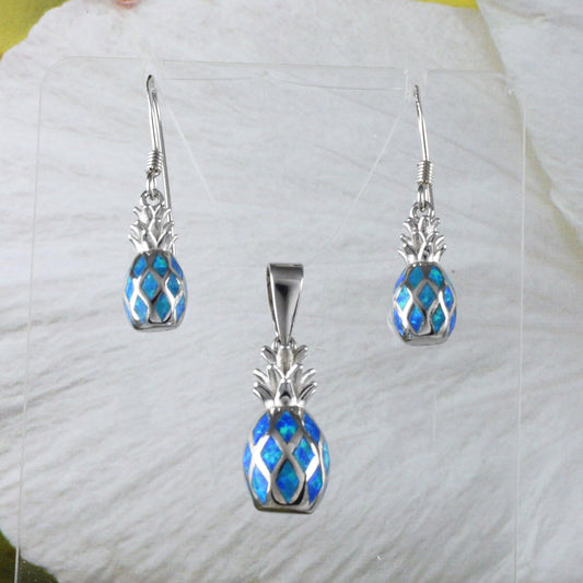 Unique Beautiful Hawaiian 3D Blue Opal Pineapple Earring and Necklace, Sterling Silver Blue Opal Pineapple Pendant, N8386S Birthday Mom Gift - Hawaii Treasures Shop