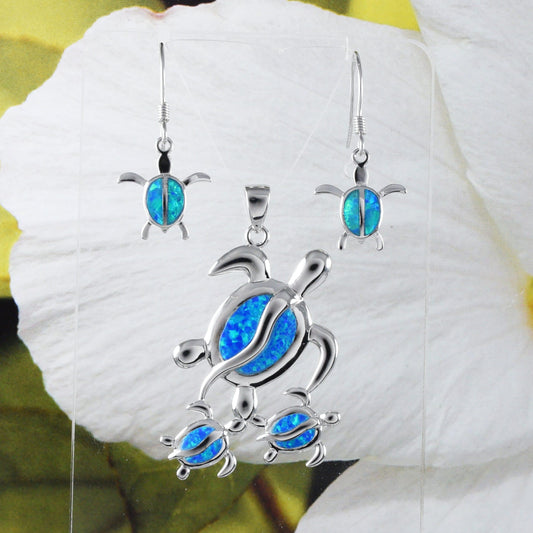 Gorgeous X-Large Mom & 2 Baby Turtle Earring and Necklace, Sterling Silver Hawaiian Blue Opal Sea Turtle Family Pendant, N6169SH Mother Gift - Hawaii Treasures Shop