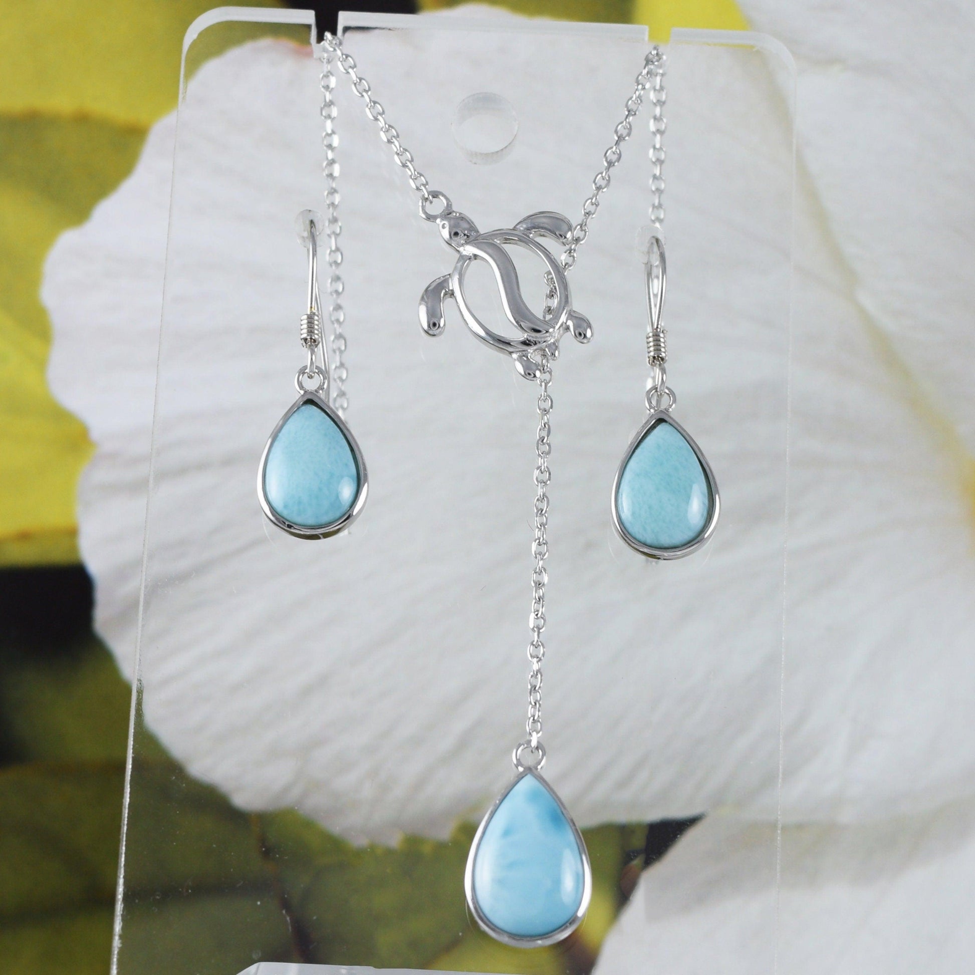 Unique Hawaiian Genuine Larimar Sea Turtle Rain Drop Earring and Necklace, Sterling Silver Larimar Turtle Necklace N8433S1 Birthday Mom Gift - Hawaii Treasures Shop
