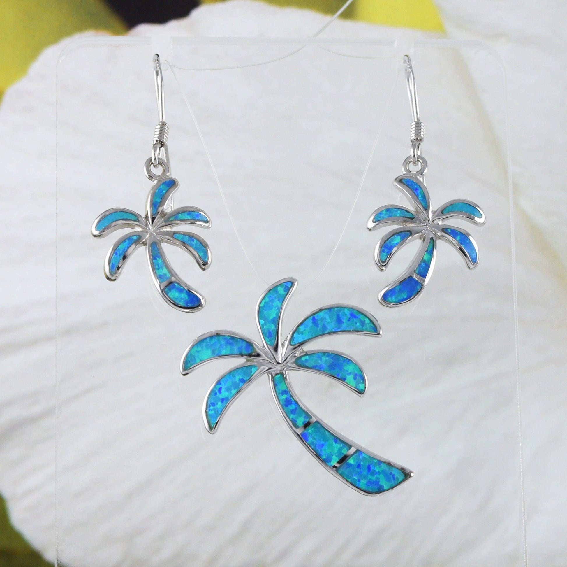 Gorgeous Hawaiian Large Blue Opal Palm Tree Earring and Necklace, Sterling Silver Blue Opal Palm Tree Pendant, N6015SH Birthday Mom Gift - Hawaii Treasures Shop