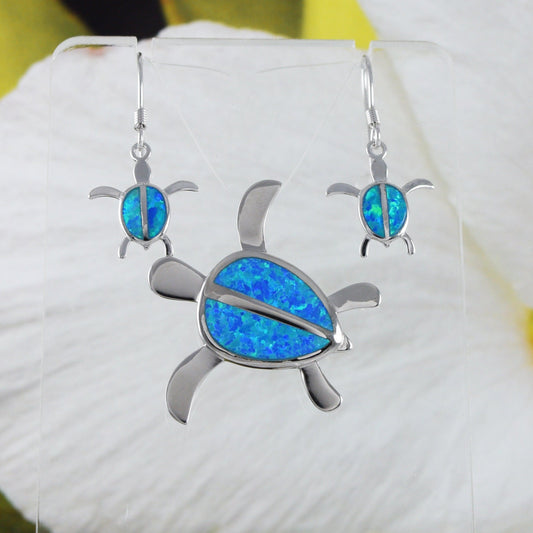 Gorgeous Hawaiian Large Blue Opal Sea Turtle Earring and Necklace, Sterling Silver Opal Turtle Pendant, N6024SH Birthday Mother Mom Gift - Hawaii Treasures Shop