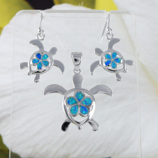 Beautiful Hawaiian Large Blue Opal Sea Turtle Plumeria Earring and Necklace, Sterling Silver Blue Opal Plumeria Turtle Pendant, N6160SH - Hawaii Treasures Shop