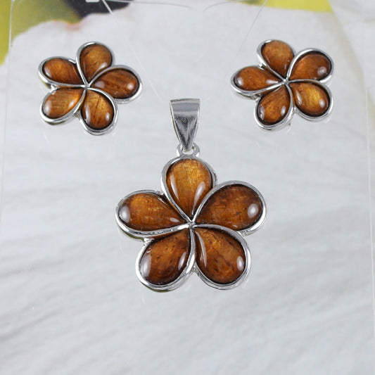 Beautiful Hawaiian Genuine Koa Wood Plumeria Earring and Necklace, Sterling Silver Koa Wood Plumeria Flower Pendant, N8512S Birthday Gift - Hawaii Treasures Shop