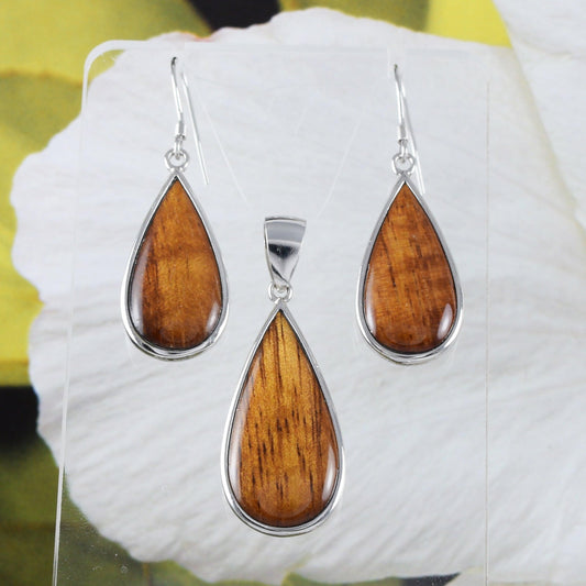 Unique Beautiful Hawaiian Genuine Koa Wood Rain Drop Earring and Necklace, Sterling Silver Koa Wood Rain Drop Pendant, N8520S1 Birthday Gift - Hawaii Treasures Shop