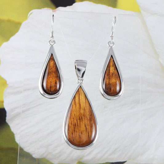 Unique Beautiful Hawaiian Genuine Koa Wood Rain Drop Earring and Necklace, Sterling Silver Koa Wood Rain Drop Pendant, N8520S2 Birthday Gift - Hawaii Treasures Shop