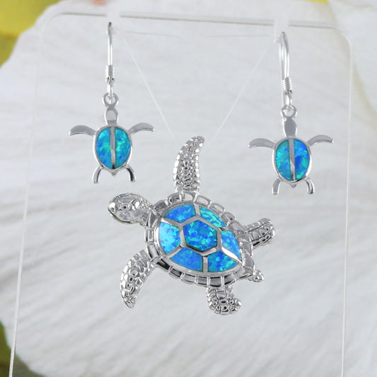 Beautiful Hawaiian Blue Opal Sea Turtle Earring and Necklace, Sterling Silver Blue Opal Turtle Pendant, N6022S1 Birthday Mother Mom Gift - Hawaii Treasures Shop