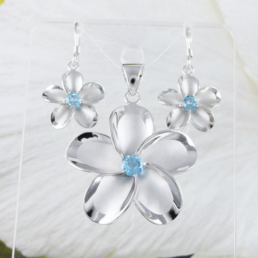 Beautiful Hawaiian X-Large Genuine Blue Topaz Plumeria Earring and Necklace, Sterling Silver Plumeria Flower Pendant, N8533SH Birthday Gift - Hawaii Treasures Shop