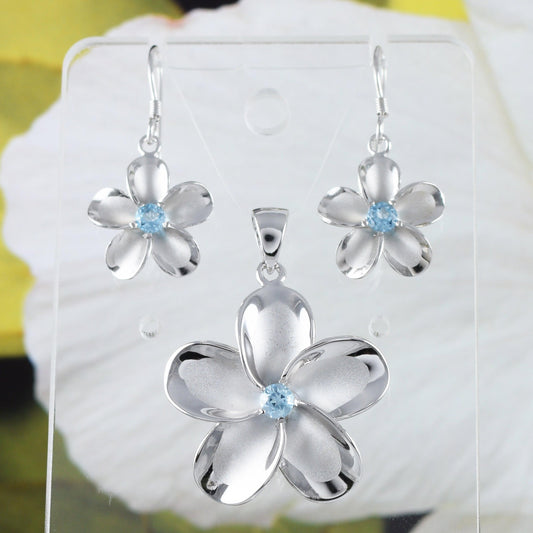 Beautiful Hawaiian Large Genuine Blue Topaz Plumeria Earring and Necklace, Sterling Silver Plumeria Flower Pendant, N8534SH Birthday Gift - Hawaii Treasures Shop