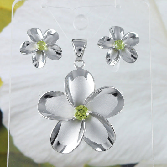 Beautiful Hawaiian X-Large Genuine Peridot Plumeria Earring and Necklace, Sterling Silver Plumeria Flower Pendant, N8535S Birthday Mom Gift - Hawaii Treasures Shop