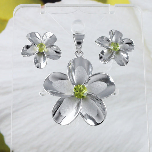 Beautiful Hawaiian Large Genuine Peridot Plumeria Earring and Necklace, Sterling Silver Plumeria Flower Pendant, N8536S Birthday Mother Gift - Hawaii Treasures Shop