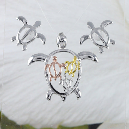 Beautiful Hawaiian Large Tri-color Sea Turtle Earring and Necklace, Sterling Silver Turtle Petroglyph Pendant, N8551S Birthday Mom Gift - Hawaii Treasures Shop