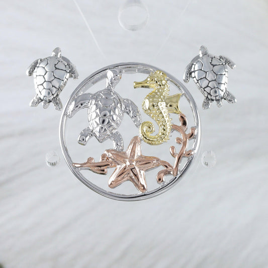 Beautiful Hawaiian Large Sea Turtle Seahorse Starfish Earring and Necklace, Sterling Silver Sea Turtle Pendant, N8553S Birthday Mother Gift - Hawaii Treasures Shop