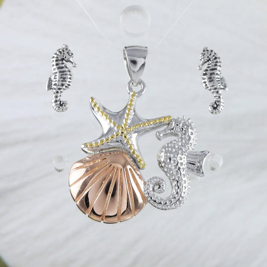 Unique Hawaiian Large Tri-color Starfish Seashell Seahorse Earring and Necklace, Sterling Silver Starfish Pendant, N8554S Birthday Mom Gift - Hawaii Treasures Shop