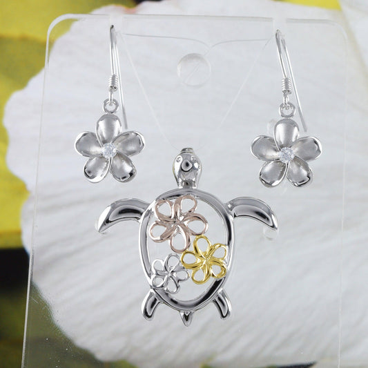 Beautiful Hawaiian Large Tri-color 3-tone Sea Turtle 3 Plumeria Earring and Necklace, Sterling Silver Turtle Plumeria Pendant N8552SH - Hawaii Treasures Shop
