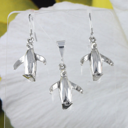Unique Hawaiian 3D Penguin Earring and Necklace, Sterling Silver Cute Penguin Charm Pendant, N2991SH Birthday Mom Wife Girl Mother Gift - Hawaii Treasures Shop