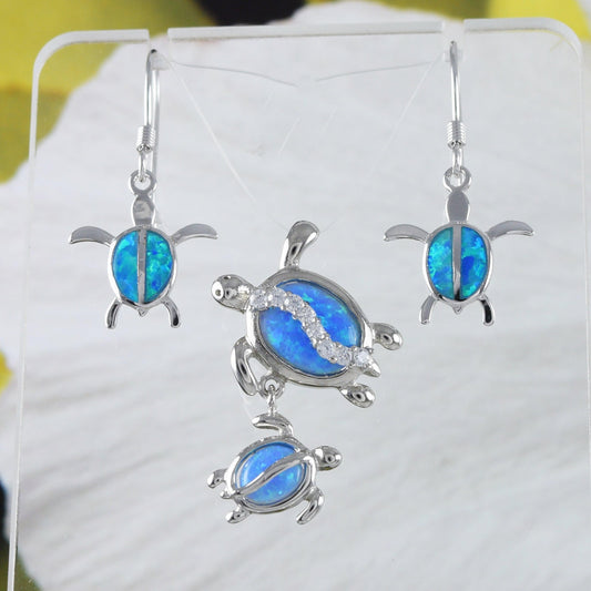 Beautiful Hawaiian Mom & Baby Sea Turtle Earring and Necklace, Sterling Silver Blue Opal Sea Turtle Family Pendant, N8836S Birthday Mom Gift - Hawaii Treasures Shop