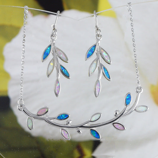 Unique Beautiful Hawaiian Tri-color Opal Maile Leaf Earring and Necklace, Sterling Silver Opal Maile Leaf Necklace, N8839S Birthday Mom Gift - Hawaii Treasures Shop