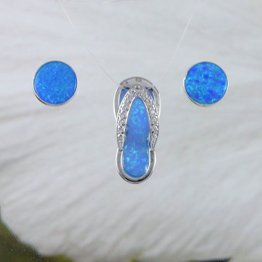 Pretty Hawaiian Blue Opal Slipper Earring and Necklace, Sterling Silver Opal CZ Sandal Filp-Flop Charm Pendant, N8840S Birthday Mom Gift - Hawaii Treasures Shop