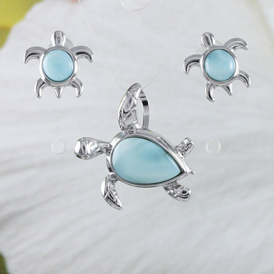 Unique Hawaiian Genuine Larimar Sea Turtle Earring and Necklace, Sterling Silver Larimar Turtle Pendant, N8841S Birthday Mother Mom Gift - Hawaii Treasures Shop