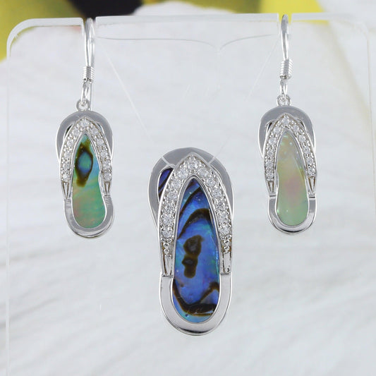 Unique Hawaiian Large Genuine Paua Shell Slipper Earring and Necklace, Sterling Silver Abalone MOP Sandal Pendant, N8847S Birthday Mom Gift - Hawaii Treasures Shop