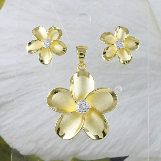 Beautiful Hawaiian Large Plumeria Earring and Necklace, Sterling Silver Yellow-Gold Plated Plumeria Flower CZ Pendant, N8856S Birthday Gift - Hawaii Treasures Shop
