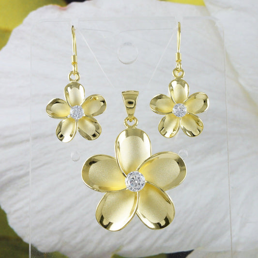 Beautiful Hawaiian Large Plumeria Earring and Necklace, Sterling Silver Yellow-Gold Plated Plumeria Flower CZ Pendant, N8856SH Birthday Gift - Hawaii Treasures Shop