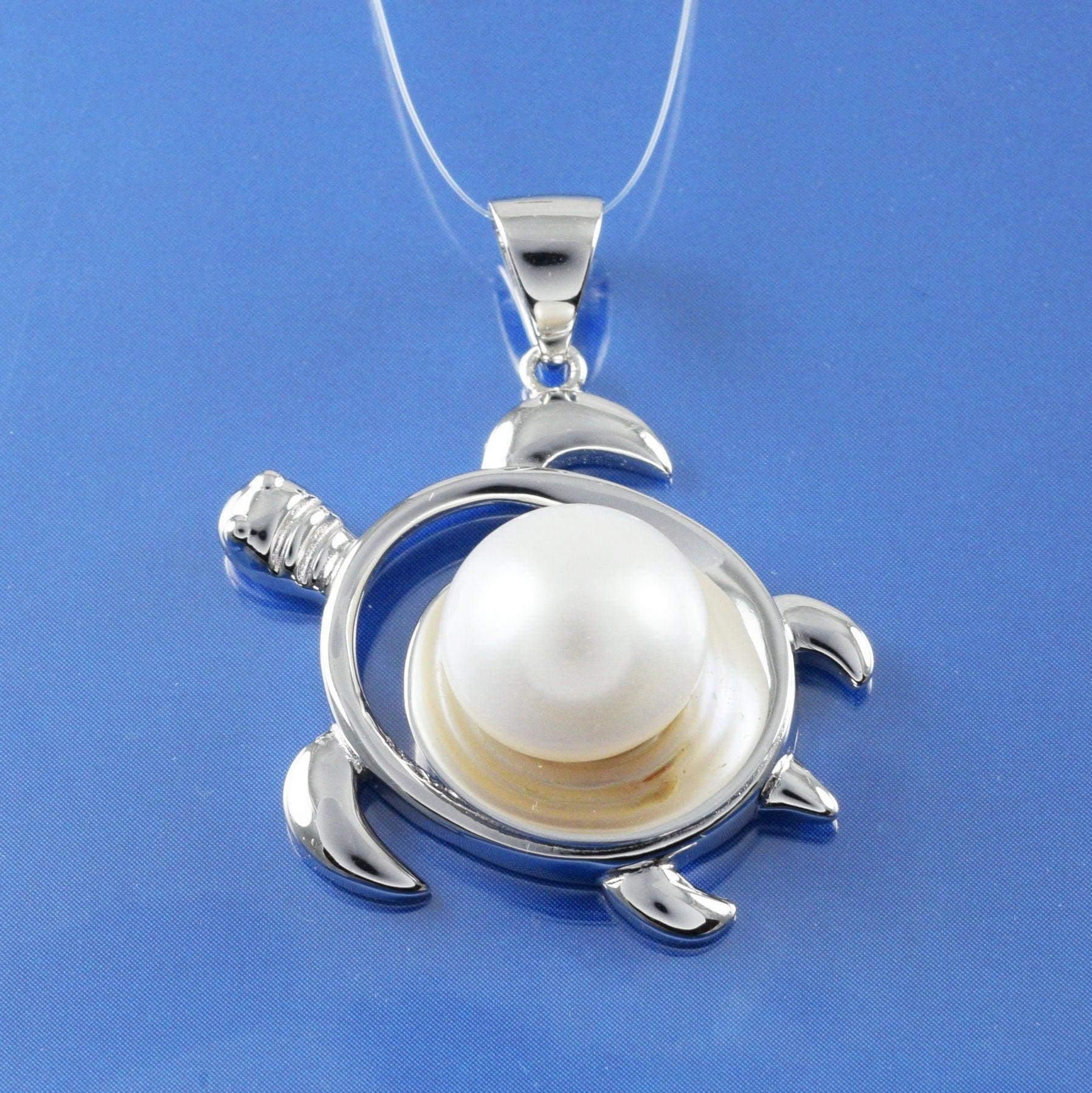 Unique Hawaiian Large Genuine White Pearl Sea Turtle Earring and Necklace, Sterling Silver White Pearl Turtle Pendant, N8869S2 Birthday Gift - Hawaii Treasures Shop