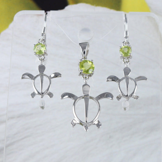 Unique Hawaiian Genuine Peridot Sea Turtle Earring and Necklace, Sterling Silver Peridot Turtle Pendant, N8909S Birthday Valentine Mom Gift - Hawaii Treasures Shop