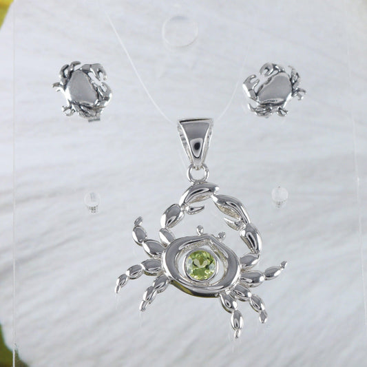 Unique Hawaiian Genuine Peridot Crab Earring and Necklace, Sterling Silver Peridot Crab Pendant, N8881S Birthday Mother Wife Mom Gift - Hawaii Treasures Shop