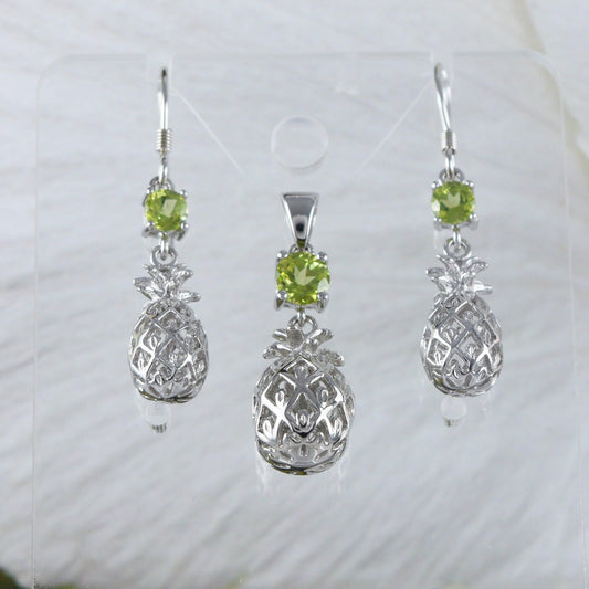 Beautiful Hawaiian Genuine Peridot 3D Pineapple Earring and Necklace, Sterling Silver Peridot Pineapple Pendant, N8885S2 Birthday Mom Gift - Hawaii Treasures Shop