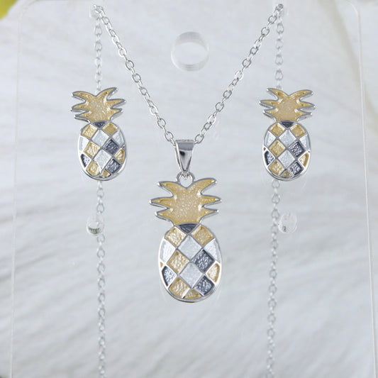 Unique Hawaiian Tri-color Pineapple Earring and Necklace, Sterling Silver Pineapple Pendant, N8876S Birthday Mother Wife Mom Girl Gift - Hawaii Treasures Shop