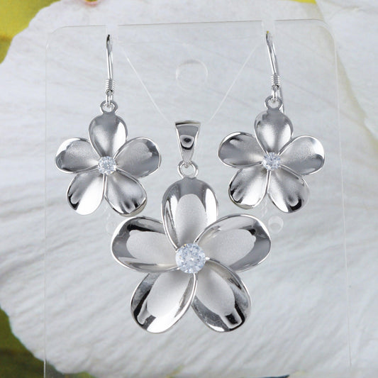 Beautiful Hawaiian Large Plumeria Earring and Necklace, Sterling Silver Plumeria Flower CZ Pendant, N6002S Birthday Mother Wife Mom Gift - Hawaii Treasures Shop
