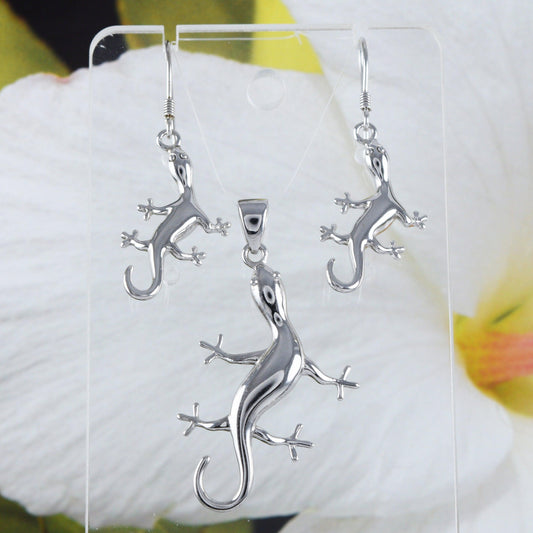 Stunning Hawaiian X-Large Gecko Earring and Necklace, Sterling Silver Gecko Pendant, N6119S Birthday Mother Wife Mom Gift, Statement PC - Hawaii Treasures Shop