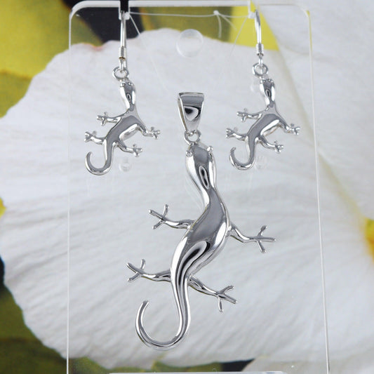 Unique Gorgeous Hawaiian X-Large Gecko Earring and Necklace, Sterling Silver Gecko Pendant, N6120S Birthday Mother Wife Mom Gift - Hawaii Treasures Shop