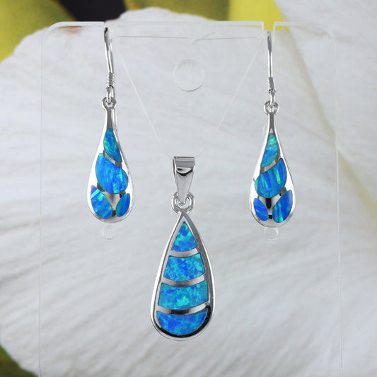 Unique Beautiful Hawaiian Blue Opal Rain Drop Earring and Necklace, Sterling Silver Blue Opal Rain Drop Pendant, N9308S Birthday Mom Gift - Hawaii Treasures Shop