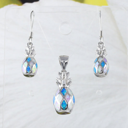 Unique Beautiful Hawaiian 3D Tri-color Opal Pineapple Earring and Necklace, Sterling Silver Blue White Pink Opal Pineapple Pendant, N9309S - Hawaii Treasures Shop