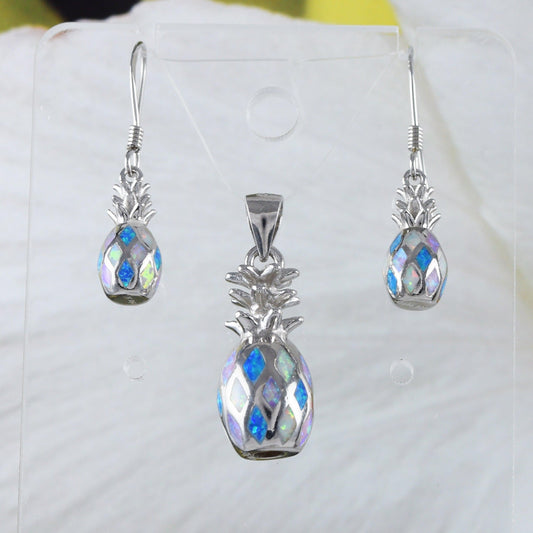 Unique Beautiful Hawaiian 3D Tri-color Opal Pineapple Earring and Necklace, Sterling Silver Blue White Pink Opal Pineapple Pendant, N9310S - Hawaii Treasures Shop
