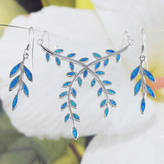 Unique Gorgeous Hawaiian Large Opal Maile Leaf Earring and Necklace, Sterling Silver Blue Opal Maile Leaf Necklace, N9328S Birthday Mom Gift - Hawaii Treasures Shop