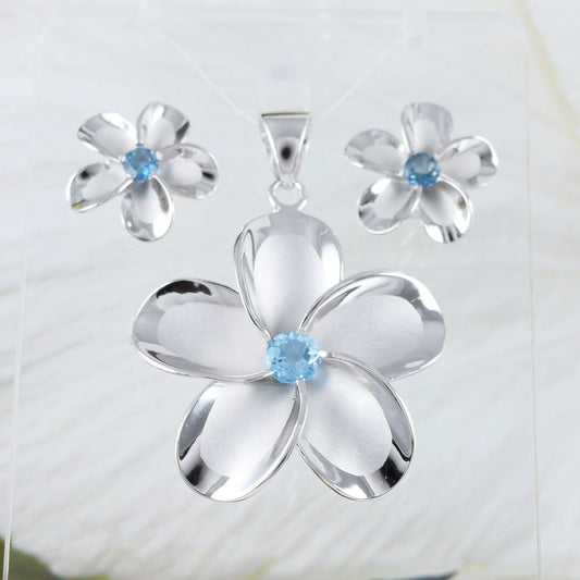 Beautiful Hawaiian X-Large Genuine Blue Topaz Plumeria Earring and Necklace, Sterling Silver Plumeria Flower Pendant, N8533S Birthday Gift - Hawaii Treasures Shop