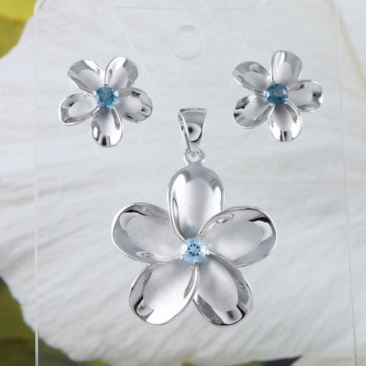 Beautiful Hawaiian Large Genuine Blue Topaz Plumeria Earring and Necklace, Sterling Silver Plumeria Flower Pendant, N8534S Birthday Mom Gift - Hawaii Treasures Shop