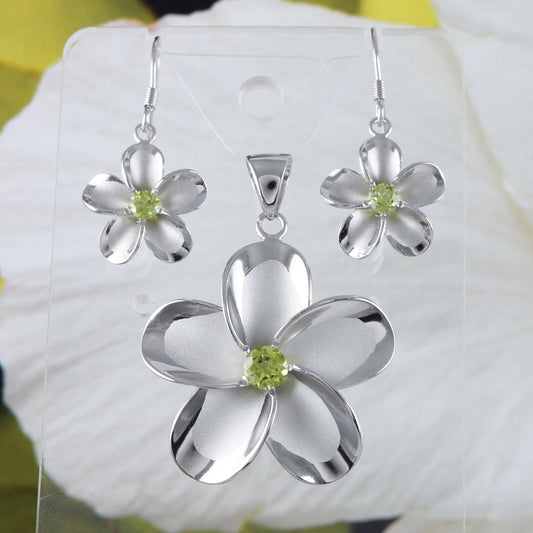 Beautiful Hawaiian X-Large Genuine Peridot Plumeria Earring and Necklace, Sterling Silver Plumeria Flower Pendant, N8535SH Birthday Mom Gift - Hawaii Treasures Shop