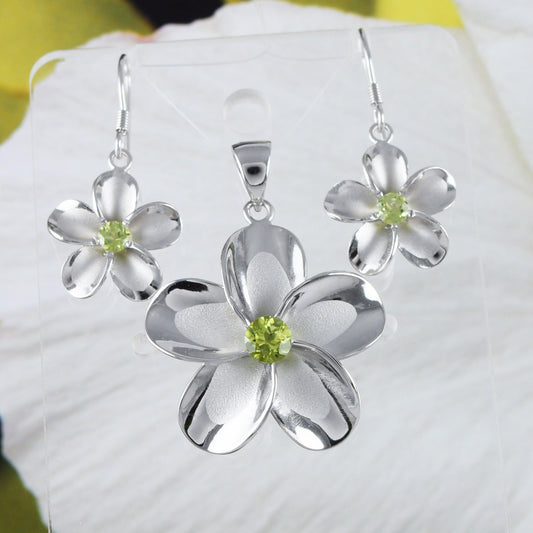 Beautiful Hawaiian Large Genuine Peridot Plumeria Earring and Necklace, Sterling Silver Plumeria Flower Pendant, N8536SH Birthday Mom Gift - Hawaii Treasures Shop