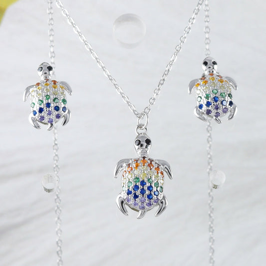 Unique Hawaiian Rainbow Sea Turtle Earring and Necklace, Sterling Silver Multi-Color Stone Turtle Necklace, N9329S Birthday Mom Mother Gift - Hawaii Treasures Shop