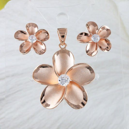 Beautiful Hawaiian Large Plumeria Earring and Necklace, Sterling Silver Rose-Gold Plated Plumeria Flower CZ Pendant, N8545S Birthday Gift - Hawaii Treasures Shop
