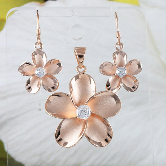 Beautiful Hawaiian Large Plumeria Earring and Necklace, Sterling Silver Rose-Gold Plated Plumeria Flower CZ Pendant, N8545SH Birthday Gift - Hawaii Treasures Shop