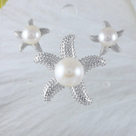 Unique Stunning Hawaiian Genuine White Pearl Starfish Earring and Necklace, Sterling Silver Starfish Pendant, N9323S Birthday Mom Gift - Hawaii Treasures Shop