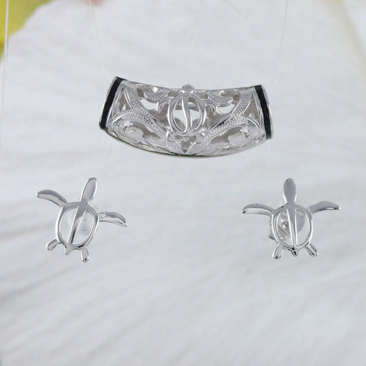 Unique Hawaiian Sea Turtle Maile Leaf Lava Tube Earring and Necklace, Sterling Silver Turtle Barrel Pendant, N8564S Birthday Mother Mom Gift - Hawaii Treasures Shop