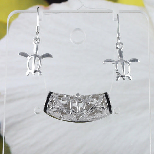 Unique Hawaiian Sea Turtle Maile Leaf Lava Tube Earring and Necklace, Sterling Silver Turtle Barrel Pendant, N8564SH Birthday Wife Mom Gift - Hawaii Treasures Shop