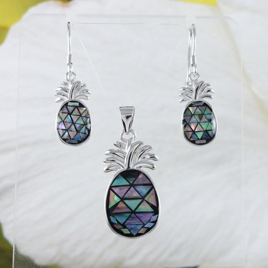 Beautiful Hawaiian Genuine Paua Shell Pineapple Earring and Necklace, Sterling Silver Abalone MOP Pineapple Pendant, N8848S Birthday Gift - Hawaii Treasures Shop