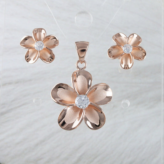 Beautiful Hawaiian Plumeria Earring and Necklace, Sterling Silver Rose-Gold Plated Plumeria Flower CZ Pendant, N8854S Birthday Mother Gift - Hawaii Treasures Shop